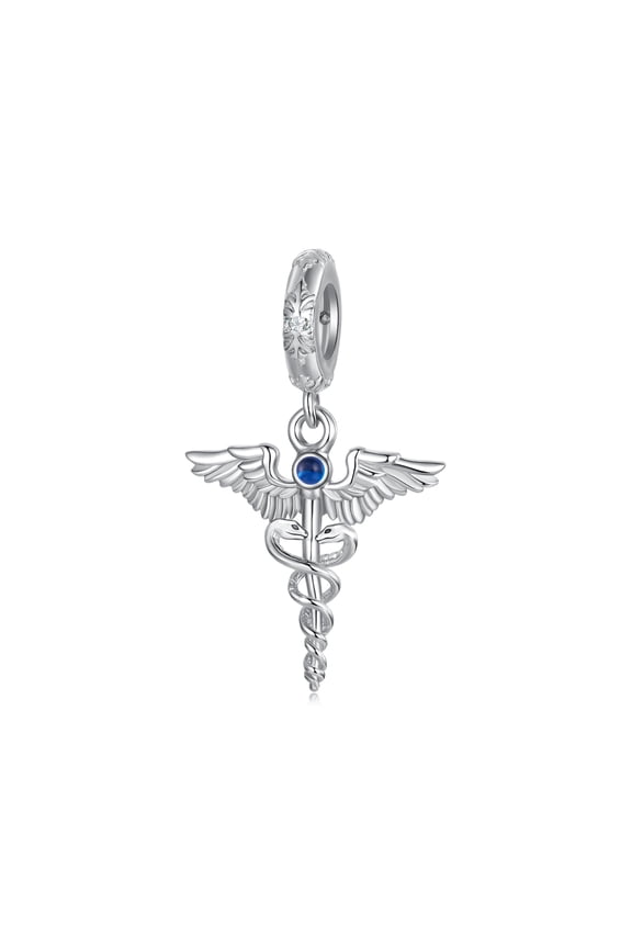Caduceus Pendant Charm  , Genuine 925 Sterling Silver, Compatible with Most Charm Bracelet