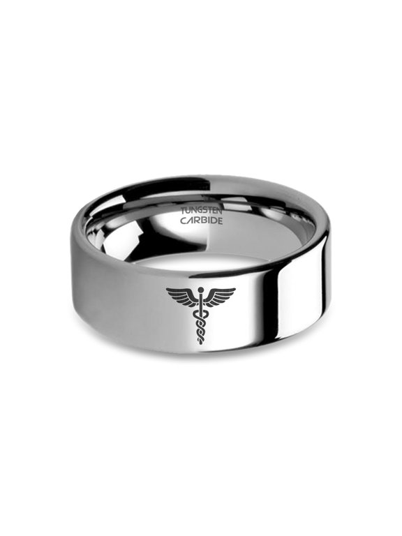 Caduceus Rod of Asclepius Laser Engraved Silver Tungsten Ring, 8mm, Size 5