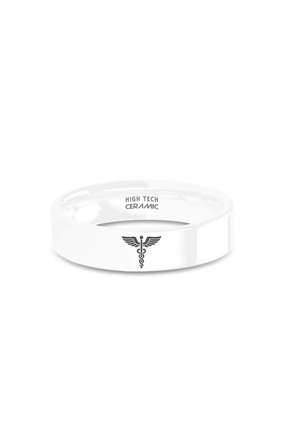 Caduceus Serpents Staff Emblem Engraved White Ceramic Wedding Band, 6mm, Size 13