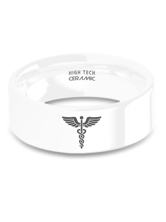 Caduceus Serpents Staff Emblem Engraved White Ceramic Wedding Band, 8mm, Size 11.5