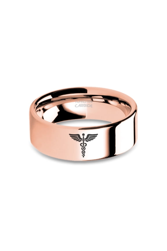 Caduceus Snake Medicine Symbol Rose Gold Tungsten Carbide Ring, 8mm, Size 11.5