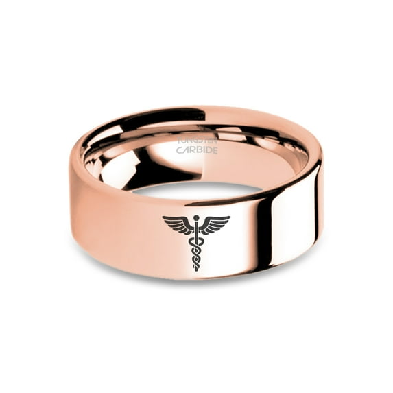 Caduceus Snake Medicine Symbol Rose Gold Tungsten Carbide Ring, 8mm, Size 13.5