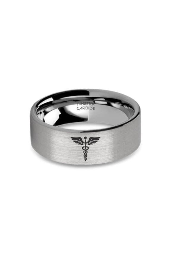 Caduceus Staff Laser Engraved Brushed Silver Tungsten Carbide Ring, 8mm, Size 6.5