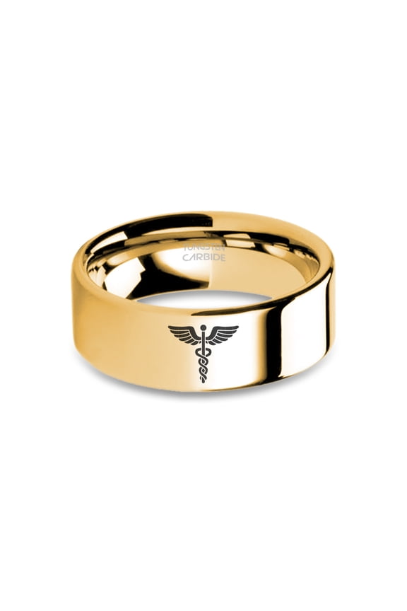 Caduceus Staff Snakes Doctor Symbol Yellow Gold Tungsten Ring, 8mm, Size 8