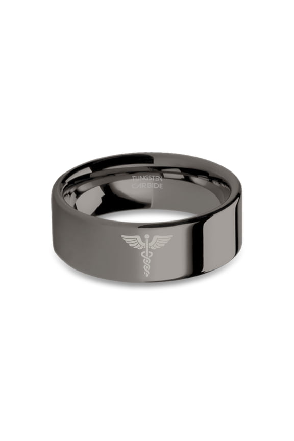 Caduceus Twin Snake Medical Symbol Gunmetal Tungsten Carbide Ring, 8mm, Size 10.5