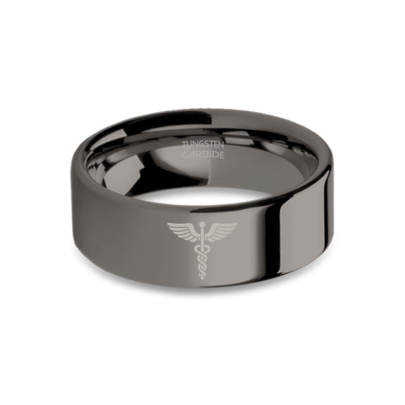 Caduceus Twin Snake Medical Symbol Gunmetal Tungsten Carbide Ring, 8mm, Size 9.5