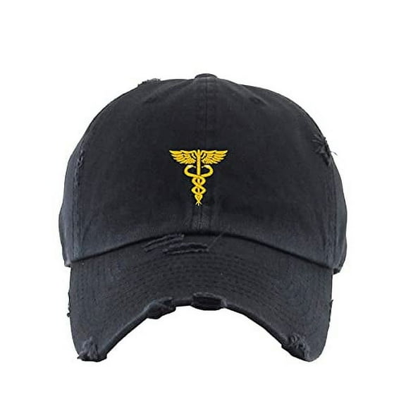 Caduceus Vintage Baseball Cap Embroidered Cotton Adjustable Distressed Dad Hat Brush Black
