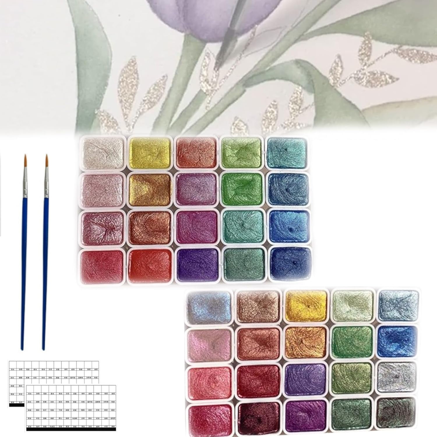 Caedrea Kolor-Ful - Powder Mineral Pearl Pigment Art Watercolor, Forestry Color Shifting Watercolor Paint, 20/24 Colors Shimmer Metallic Colourful Paints Set with Pen for Beginner