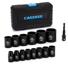 CaeeKee 15 Pcs 1/2" Drive Shallow 12-Point Impact Socket Set with Drill Socket Adapter, 11mm - 32mm, Metric, Cr-V Steel