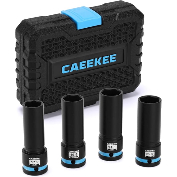 CaeeKee 4-Piece 1/2" Drive Lug Nut Impact Socket Set, Non-Marring Thin Wall Sockets, CR-MO Steel, 6-Point, Metric 17.5, 19.5, 21.5, 22.5mm