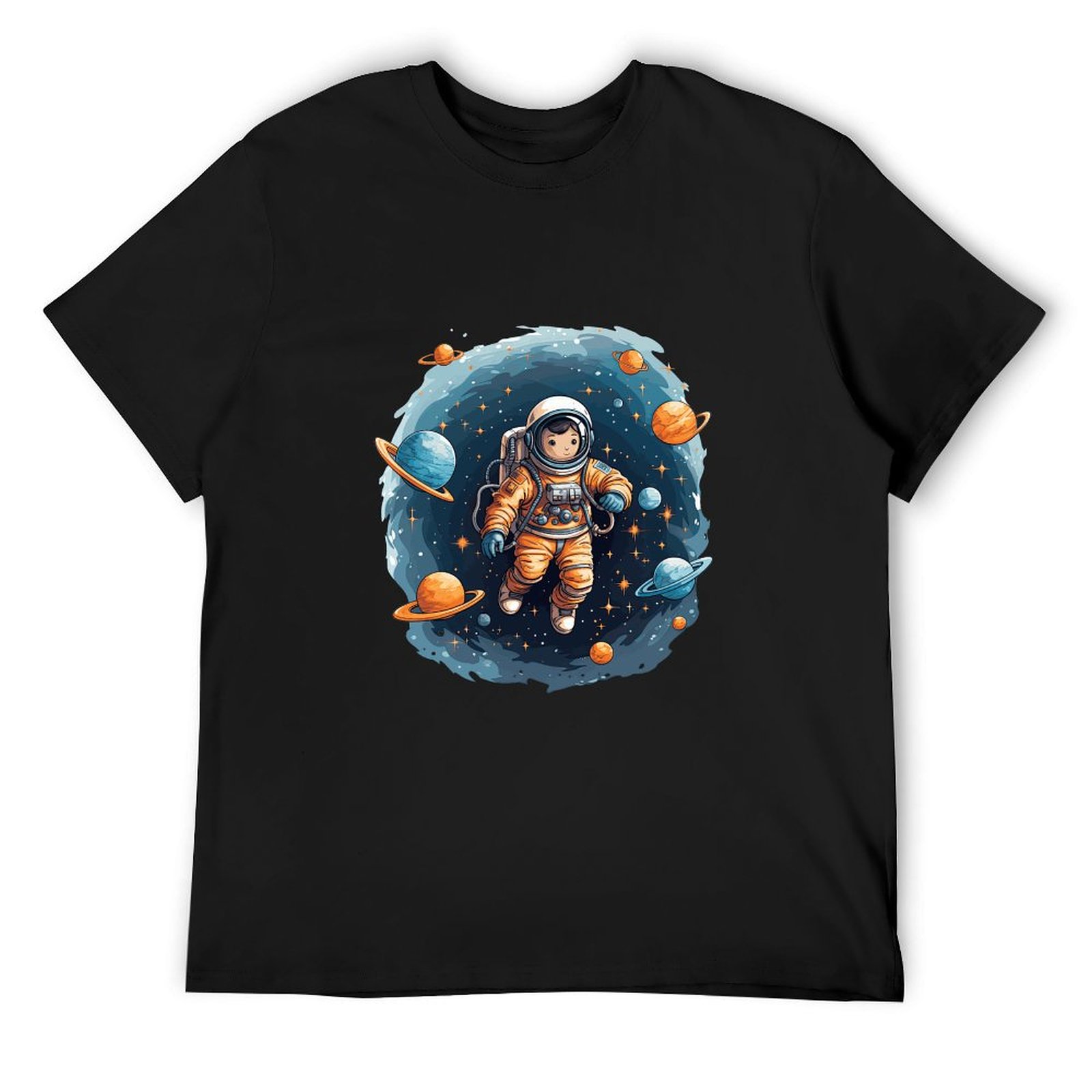 Creaon Astronaut Space Pattern Fashionable Black Men's TShirt, Round Neck Short Sleeve, S3XL