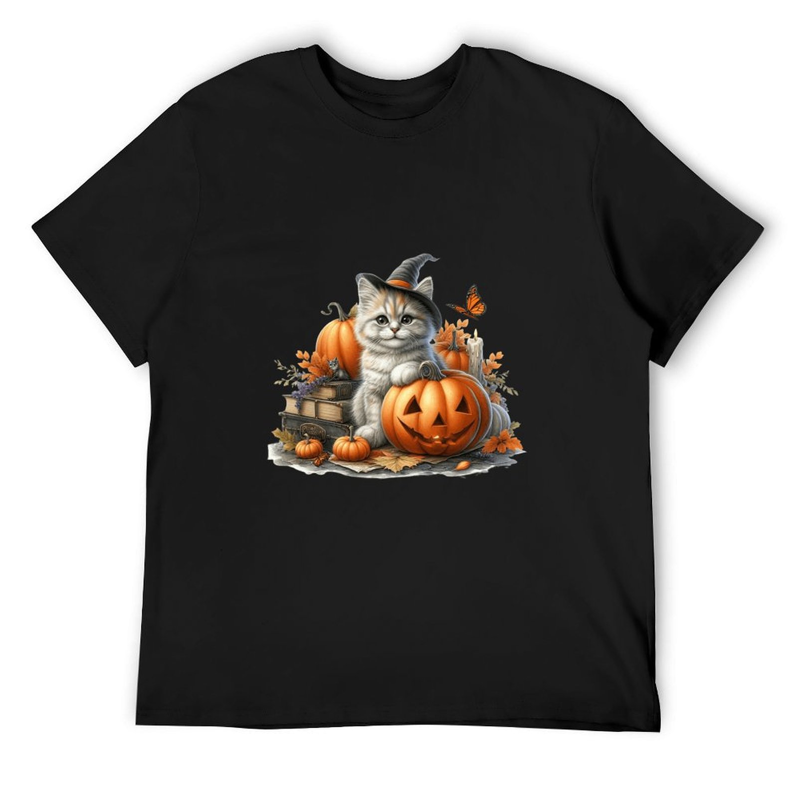 Caeron Halloween Cat Pattern Design Breathable Black Men's Tee, Round