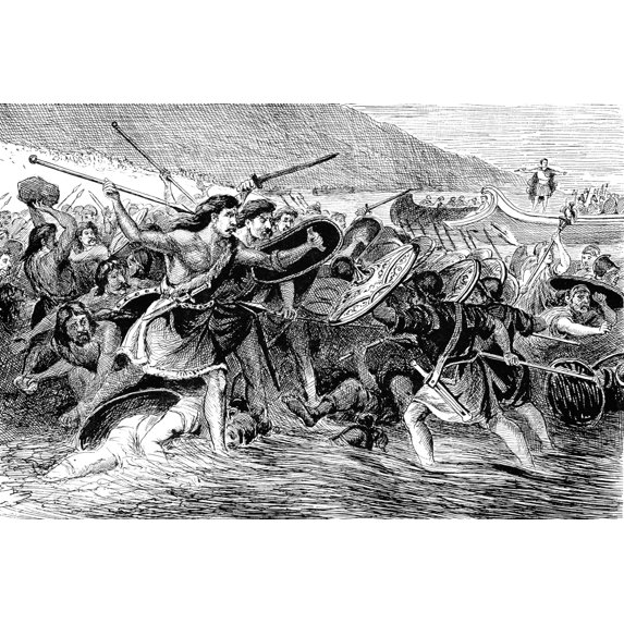 Caesar Invading Britain. Njulius Caesar'S Invasion Of Britain In 55 B.C.. Pen-And-Ink Drawing Late 19Th Century. Print