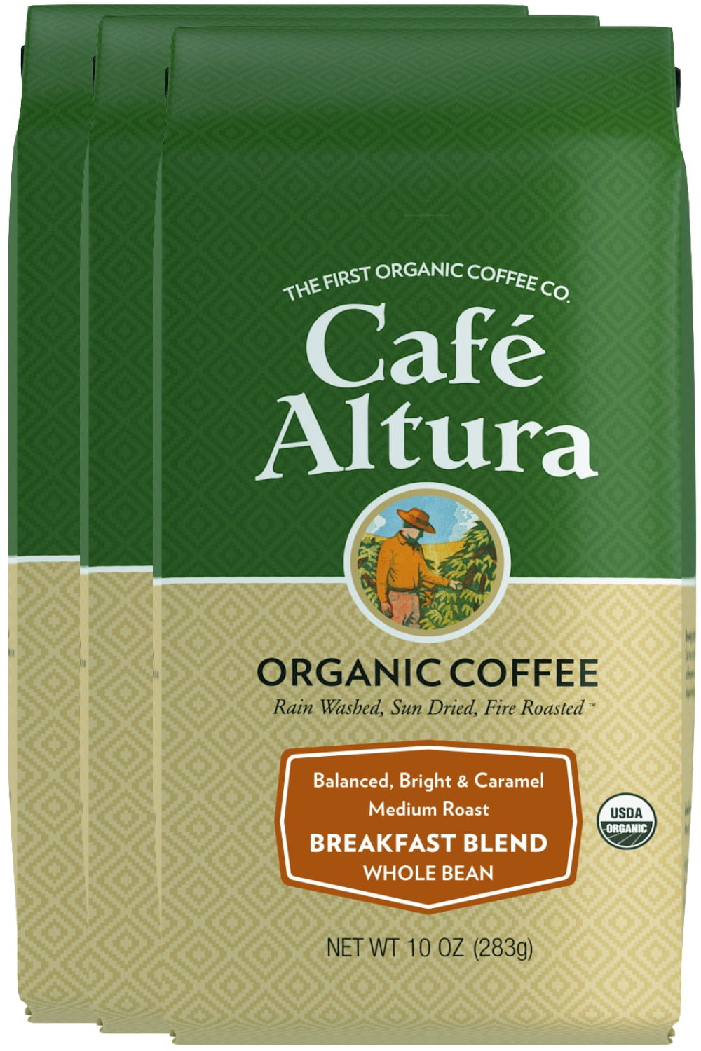 Café Altura, Breakfast Blend, Medium Roast, Organic, Whole Bean Coffee, 10 oz Bag (Pack of 3)