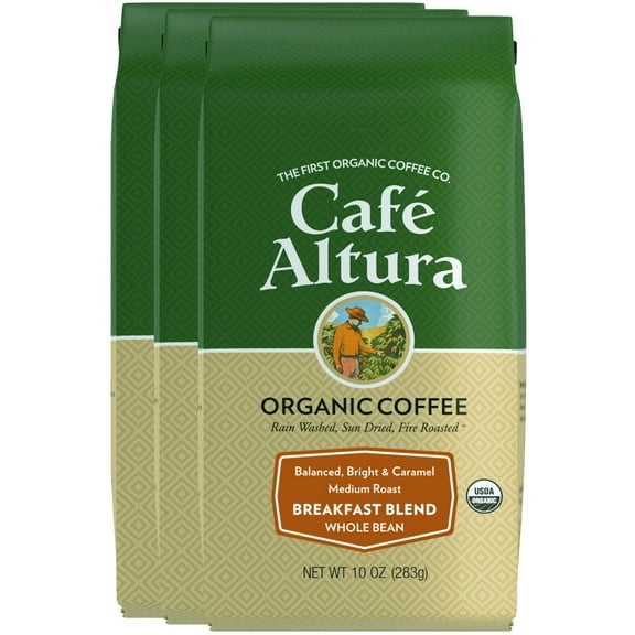 Café Altura, Breakfast Blend, Medium Roast, Organic, Whole Bean Coffee, 10 oz Bag (Pack of 3)