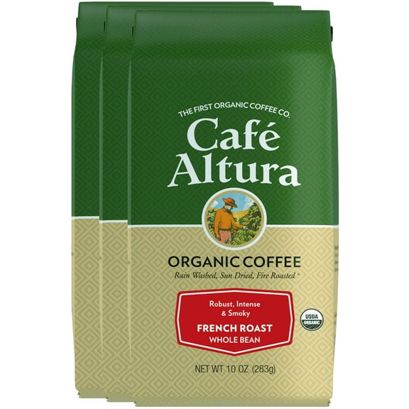 Café Altura, French Roast, Organic, Whole Bean Coffee, 10 oz Bag (Pack of 3)