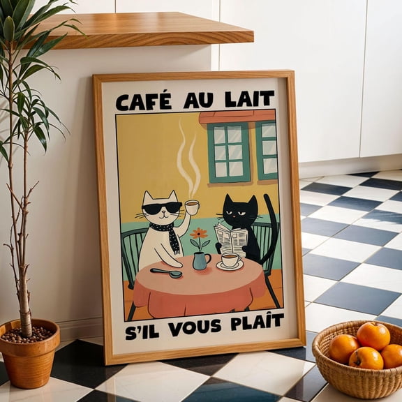 Café Au Lait Cat Poster French Coffee Print Poster Black and White Cat Wall Art Paris Kitchen Decor Cute Bistro Cat Wall Art Poster Gift, Size 16x24 UNFFRAMED F03.1.6l1586