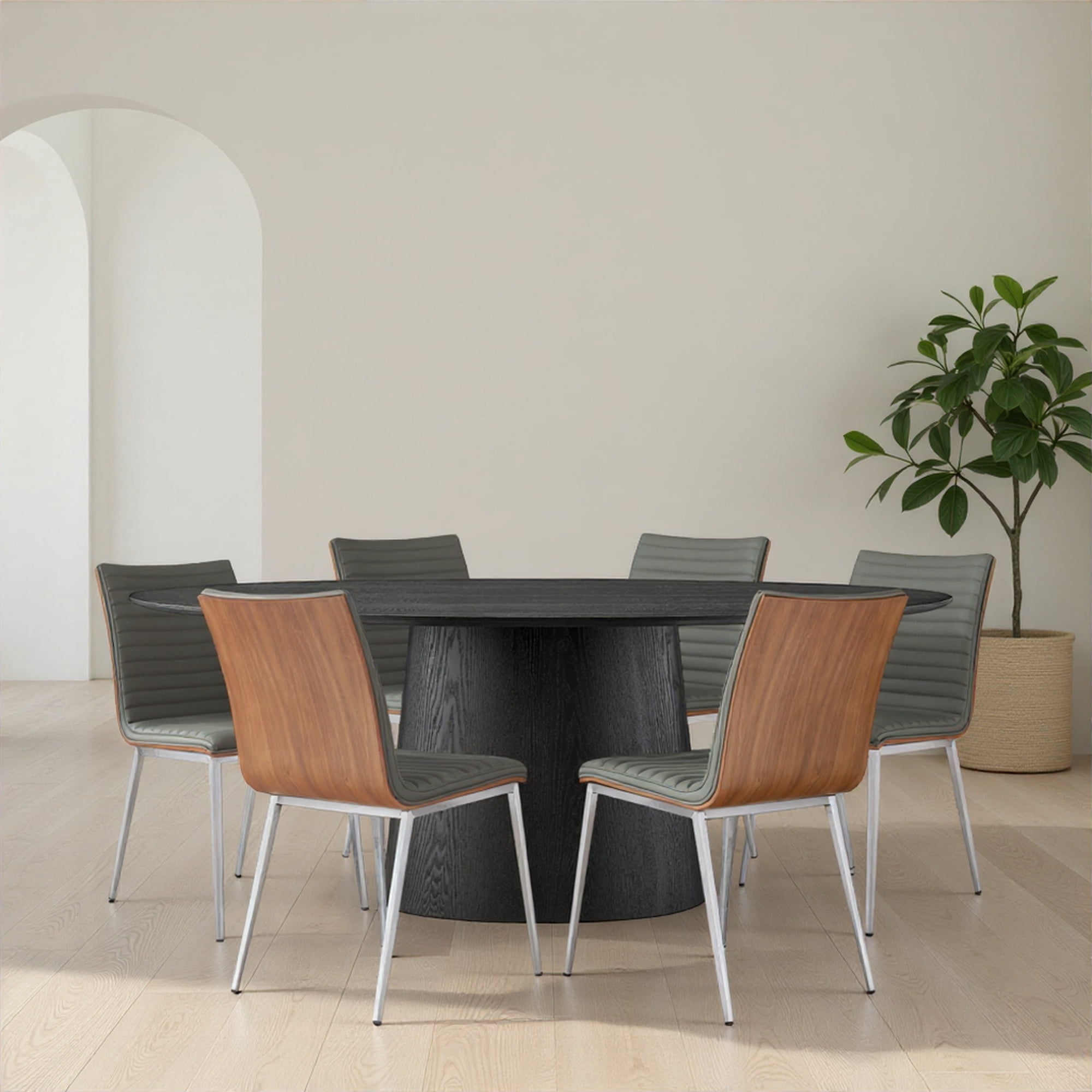 Café Brushed Stainless Steel Dining Chair in Gray Faux Leather with Walnut Back - Set of 6