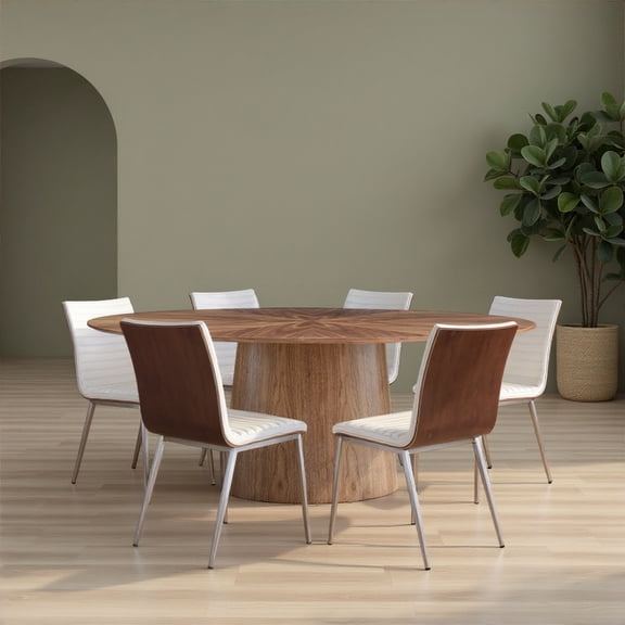 Caf Brushed Stainless Steel Dining Chair in White Faux Leather with Walnut Back - Set of 6