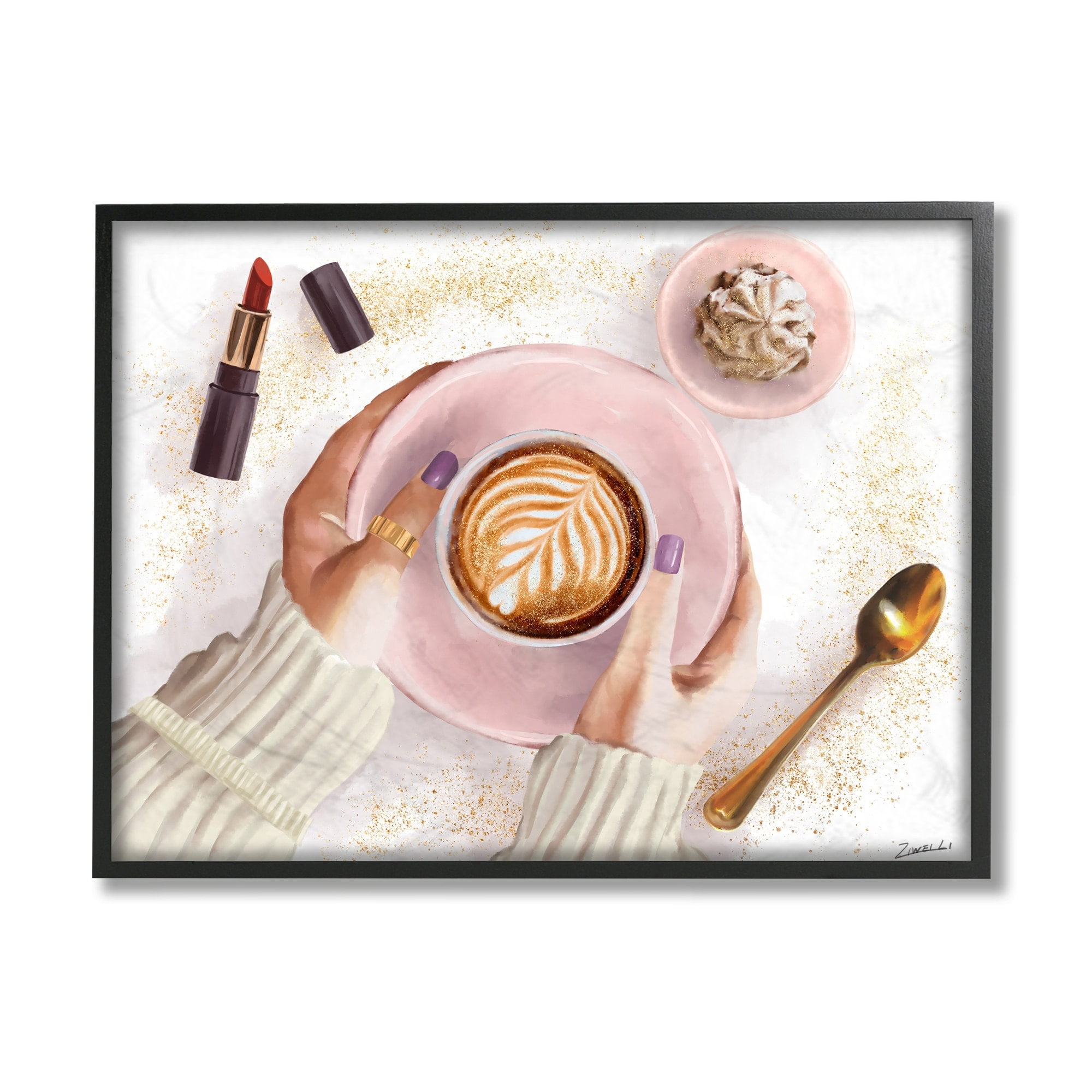 Café Cappuccino Cup with Glam Fashion Lipstick Black 16 in x 20 in Framed Painting Art Print, by Stupell Home Décor