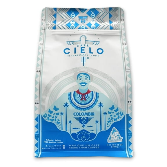 Caf Cielo Colombia, Single Origin - Medium Roast - 100% Select Arabica Coffee  (Whole Bean 12 Ounce Bag 340g), Notes: White Chocolate, Panela, Caramel, Mango.