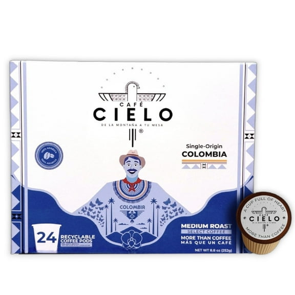Caf Cielo K-Cup Pods, Colombia Single Origin - Medium Roast 100% Select Arabica Coffee - 24 Count (1 Box of 24 K-Cup Pods), Compatible with Keuring & Keuring 2 Coffee Machines.