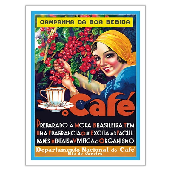 Café (Coffee) - Rio De Janeiro Brazil - Vintage Advertising Poster c.1930s - Fine Art Matte Paper Print (Unframed) 24x32in