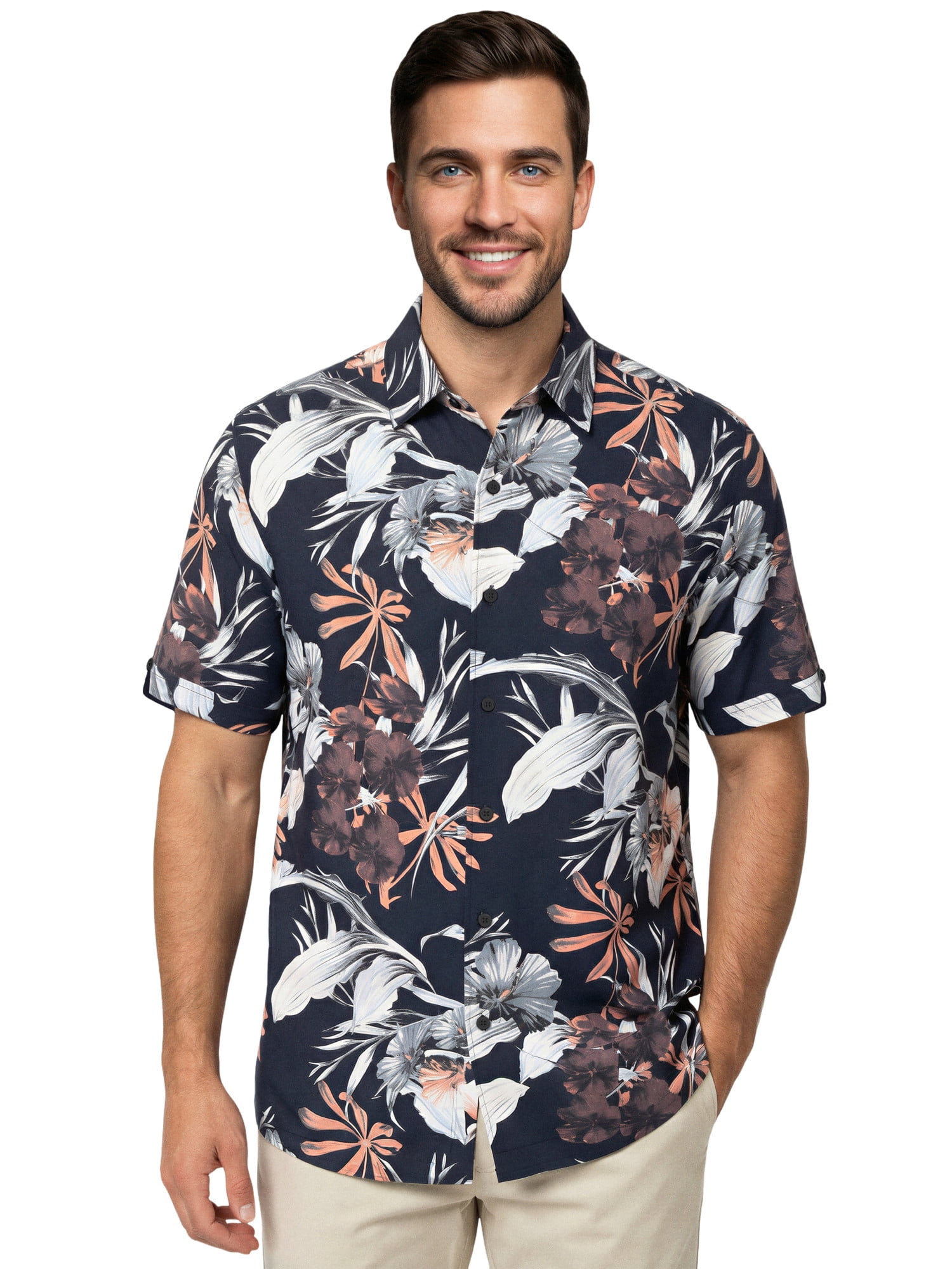 Café Luna Men's and Big Men's All-Over Floral Print Short Sleeve Woven Shirt, Sizes S-4X