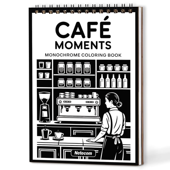 Café Moments Monochrome Coloring Book Spiral Bound for Adults, A5 Wooden Cover, Relaxing One-Color Illustrations with Coffee Cups, Pastries, Cozy Cafe Scenes for Mindfulness, Stress Relief