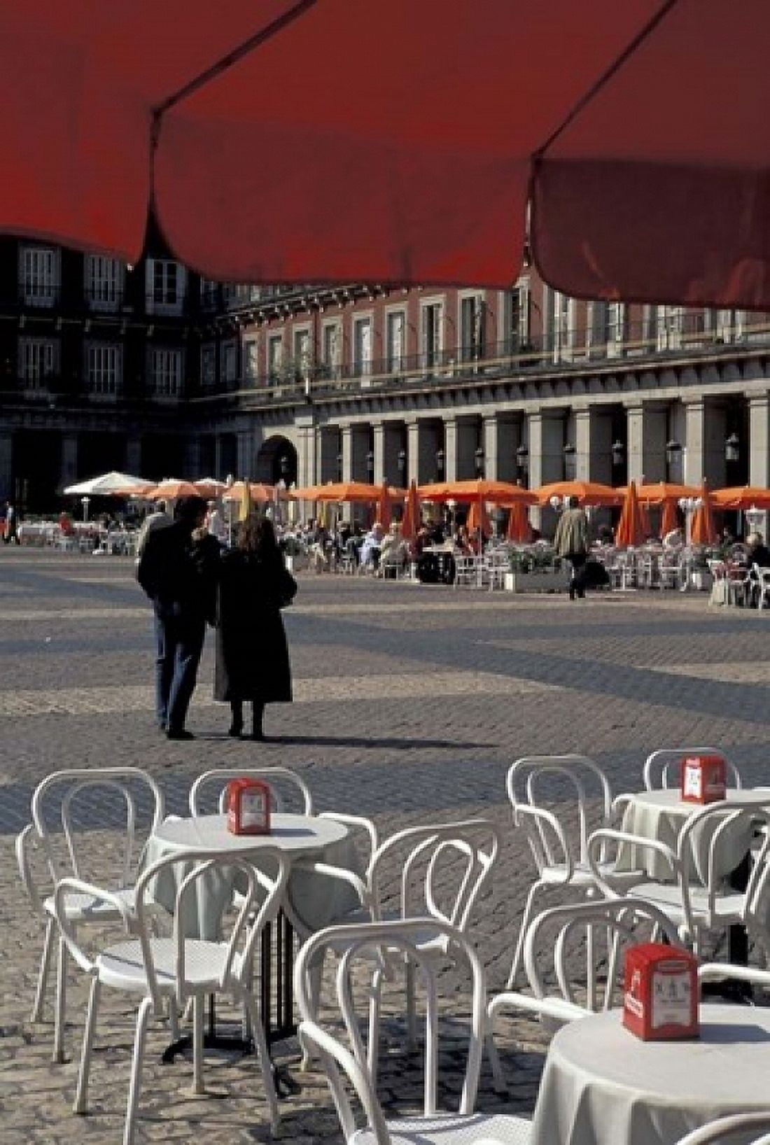 Caf Tables in Plaza Mayor Madrid Spain Canvas Art - David Barnes DanitaDelimont (12 x 17)