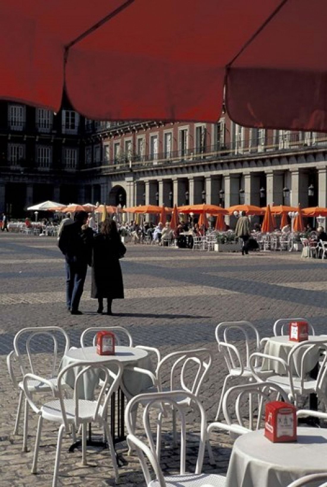 Caf Tables in Plaza Mayor Madrid Spain Canvas Art - David Barnes DanitaDelimont (24 x 35)