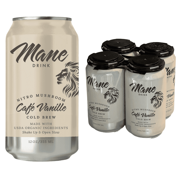 Mane Drink - Cafe Vanille – Vanilla and Honey Flavored Organic Ready to Drink Nitro Cold Brew Coffee with Lion's Mane - 12 fl. oz (355ml) (4 Pack)