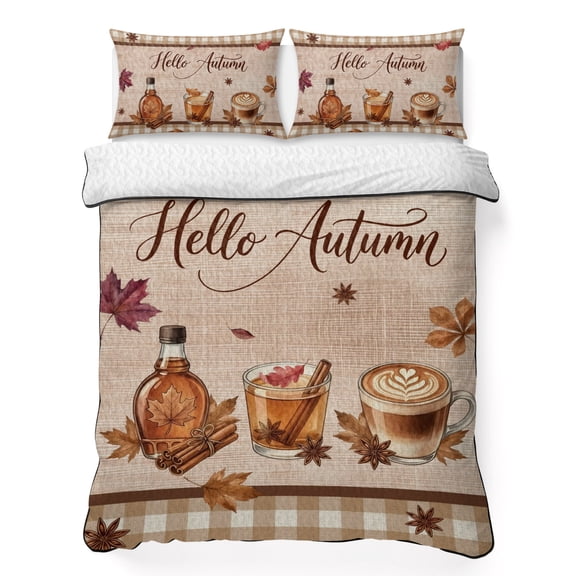Cafe Aesthetic 3 Piece Quilt Bedding Set with 2 Pillow Shams, Hallo Autumn Thanksgiving Maple Leaf Brown Coffee Plaid Lightweight Bedspread Coverlet, Soft Breathable All Season Quilt, 79 x 90 Inch