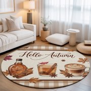 Cafe Aesthetic 6' Round Rugs for Living Room Under Coffee Table, Hallo Autumn Thanksgiving Country Linen Texture Plaid Soft Sturdy Washable Non Slip Circle Kitchen Floor Area Rug