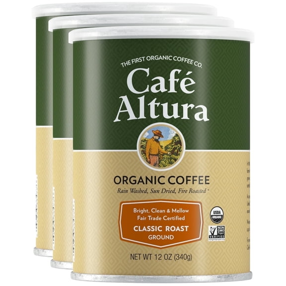 Caf Altura Ground Organic Coffee, Fair Trade Classic Roast, 12 oz Can (Pack of 3)