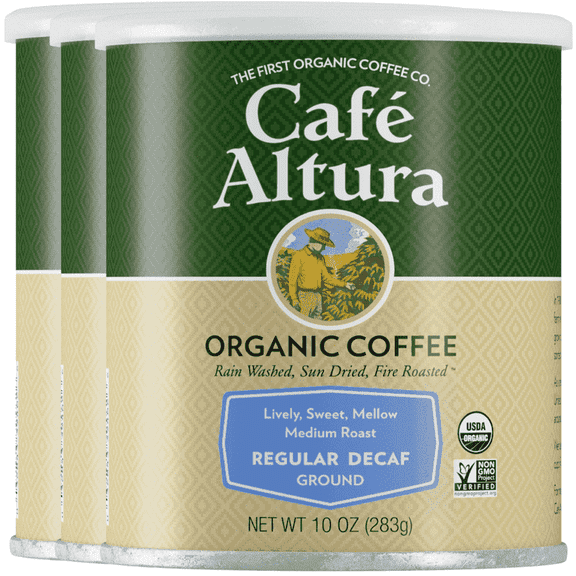 Cafe Altura Ground Organic Coffee, Regular Roast Decaf, 10 oz Can (Pack of 3)