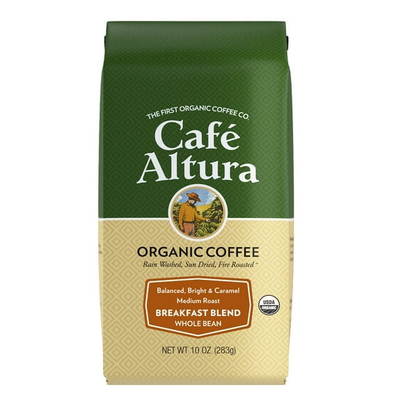 Café Altura, Breakfast Blend, Medium Roast, Organic, Whole Bean Coffee, 10 oz. Bag