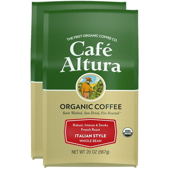 Café Altura Whole Bean Organic Coffee, Italian Style, 20 oz Bag (Pack Of 2)