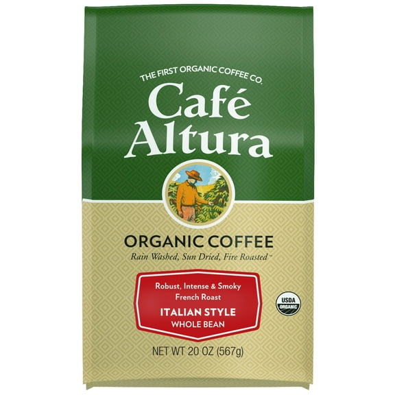 Café Altura Whole Bean Organic Coffee, Italian Style, Whole Bean, 20 oz Bag (1lb. 4 0z)