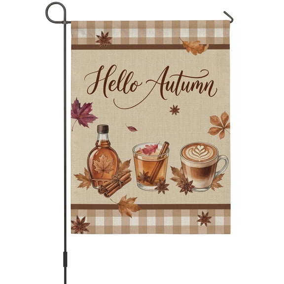 Cafe Art Garden Flags For Outdoor, Hallo Autumn Thanksgiving Maple Leaf Brown Coffee Plaid Small Double Side Yard Flags Weather Proof Garden Decor for Lawn Outside Holiday 12 x 18 Inches