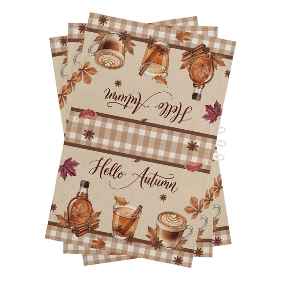 Cafe Art Kitchen Towels Dish Towel Pack of 3 Hallo Autumn Thanksgiving Maple Leaf Brown Coffee Plaid Soft Dish Cloth Set Absorbent Dishcloth for Drying Dishes, Hand Towels 18 x 28 Inches