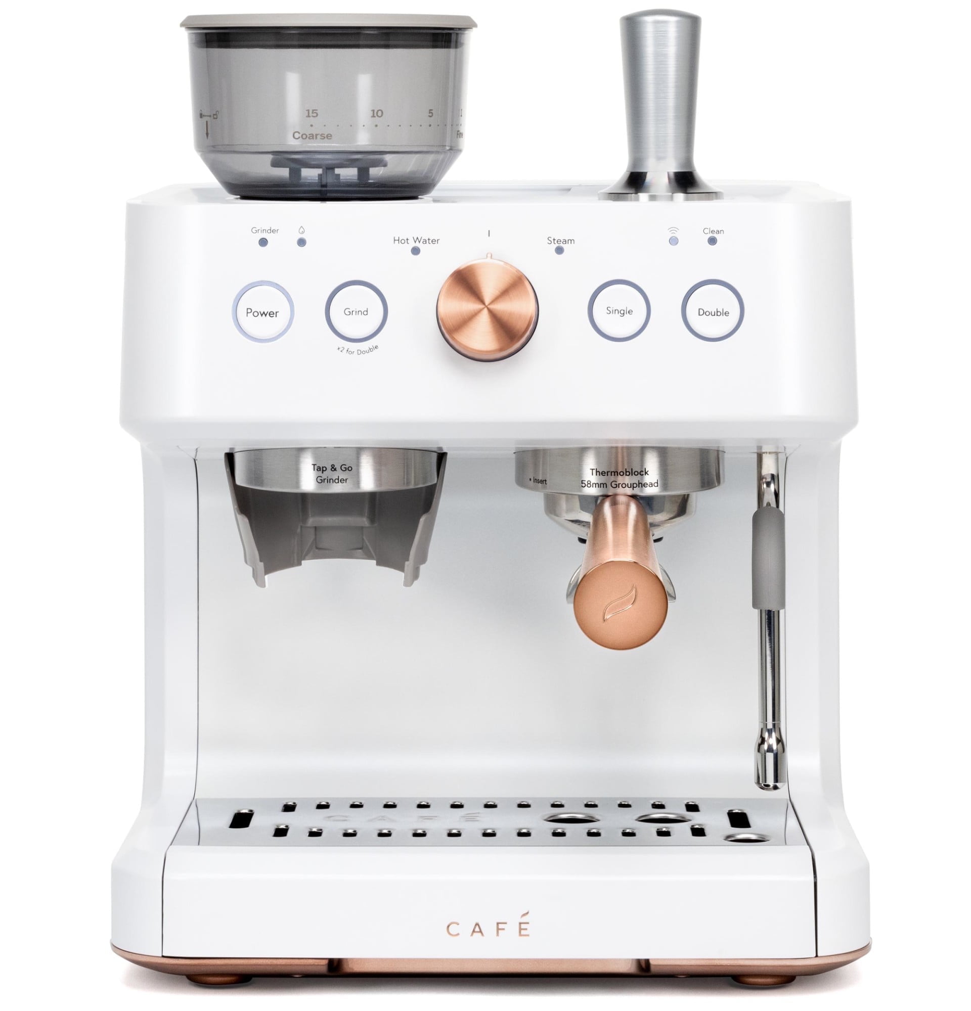 Matte White Semi-Automatic Espresso Machine with Grinder and Steam Wand