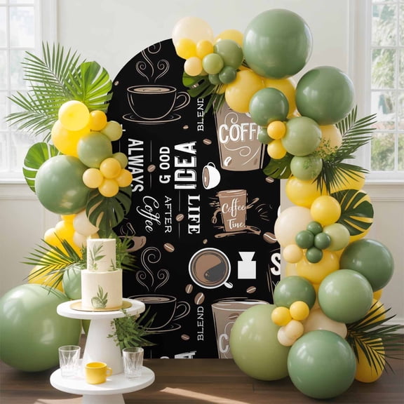 Cafe Coffee Cup Retro Brown Arch Backdrop Cover Spandex Fitted Arch Cover 4FT,Arches Backdrop Stand Covers for Wedding Birthday Party Ceremony Banquet Decoration Graffiti Letter Back