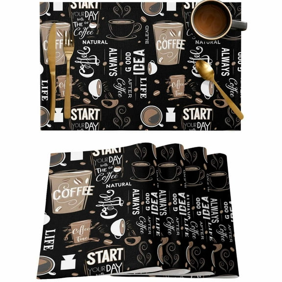 Cafe Coffee Cup Retro Brown Placemats Set of 4,Wipeable Washable Table Mats for Dining Tables,Graffiti Letter Back Place Mats for Kitchen Event Party Tabletop Decor
