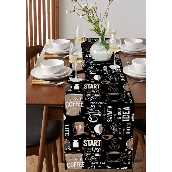 Cafe Coffee Cup Retro Brown Table Runner 13x36in Non-Slip Cotton Linen Table Runners, Graffiti Letter Back Dresser Scarves TableRunner for Dinner Kitchen Dining Wedding Party