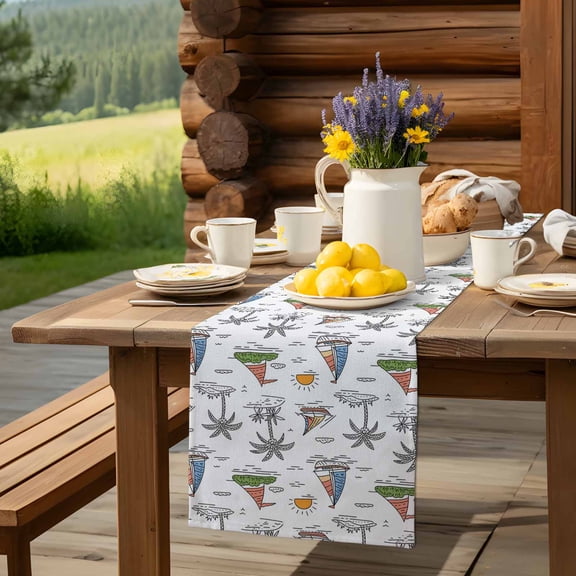 Cafe Coffee Cup Table Runner 13x70in Non-Slip Cotton Linen Table Runners, Retro Plaid Illustration Art Dresser Scarves TableRunner for Dinner Kitchen Dining Wedding Party