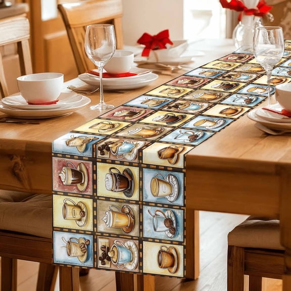 Cafe Coffee Cup Table Runner 36 Inches Long,Kitchen Dining Tablerunners Retro Plaid Illustration Art Linen Table Runners Dresser Scarves for Home Dinner Wedding Holiday Party Decor