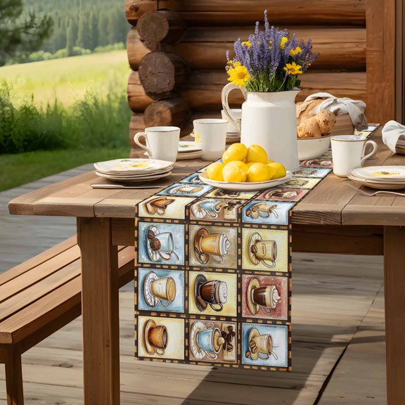 Cafe Coffee Cup Table Runner 60 Inch Long Retro Plaid Illustration Art Table Runners Linen Burlap Tablerunner for Kitchen Dining Room Holiday Party