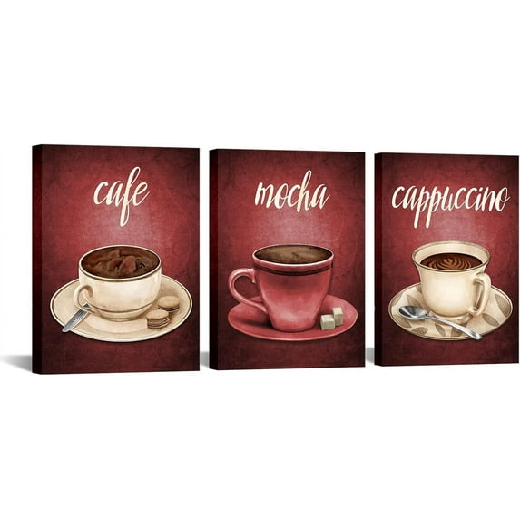 Cafe Coffee Wall Art Red Posters Set of 3 Kitchen Decor Bar Sign Pictures Vintage Artwork Dining Room