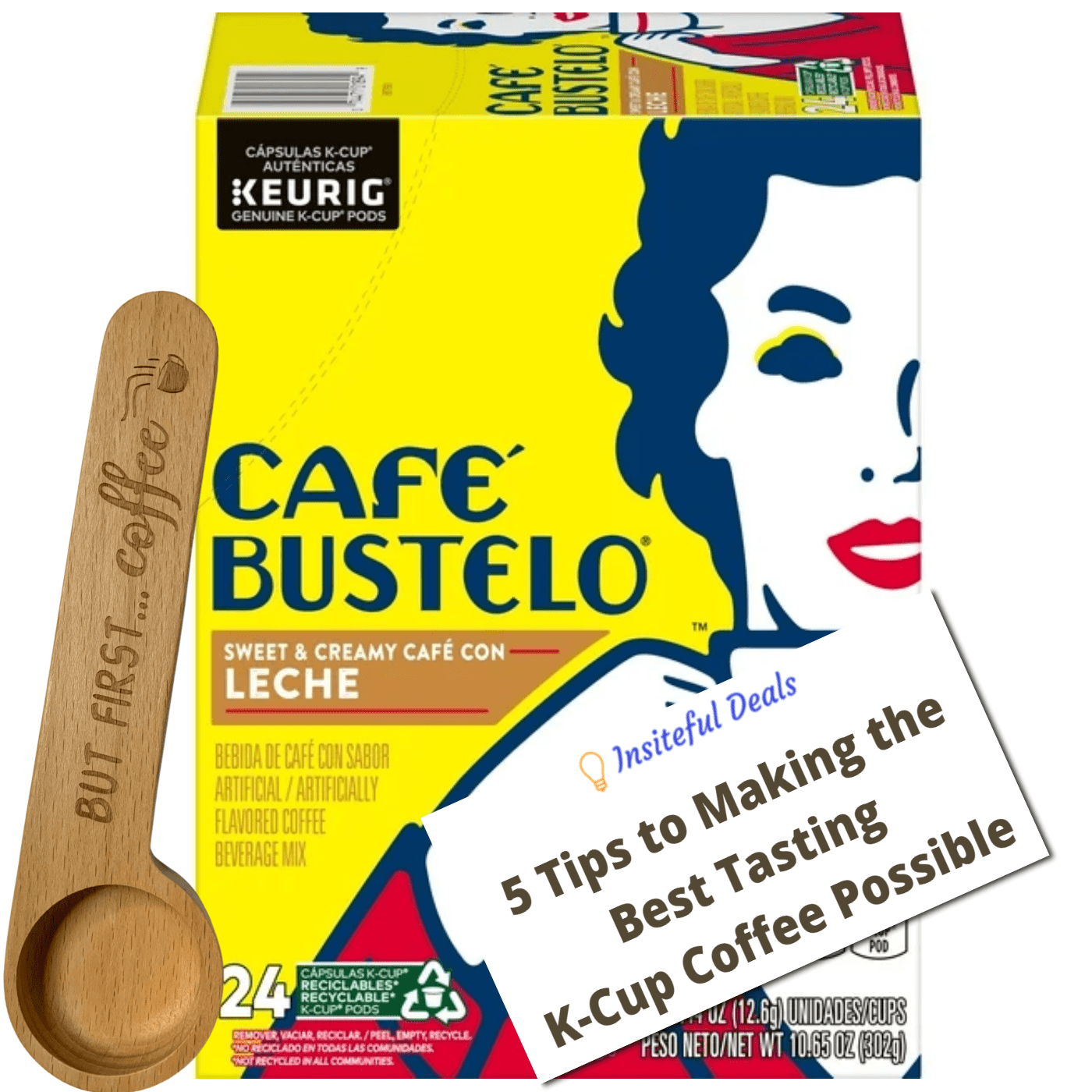 Cafe Con Leche K Cups (Cafe Bustelo) Flavored Coffee Bundle with CoffeeThemed Scoop and K Cup
